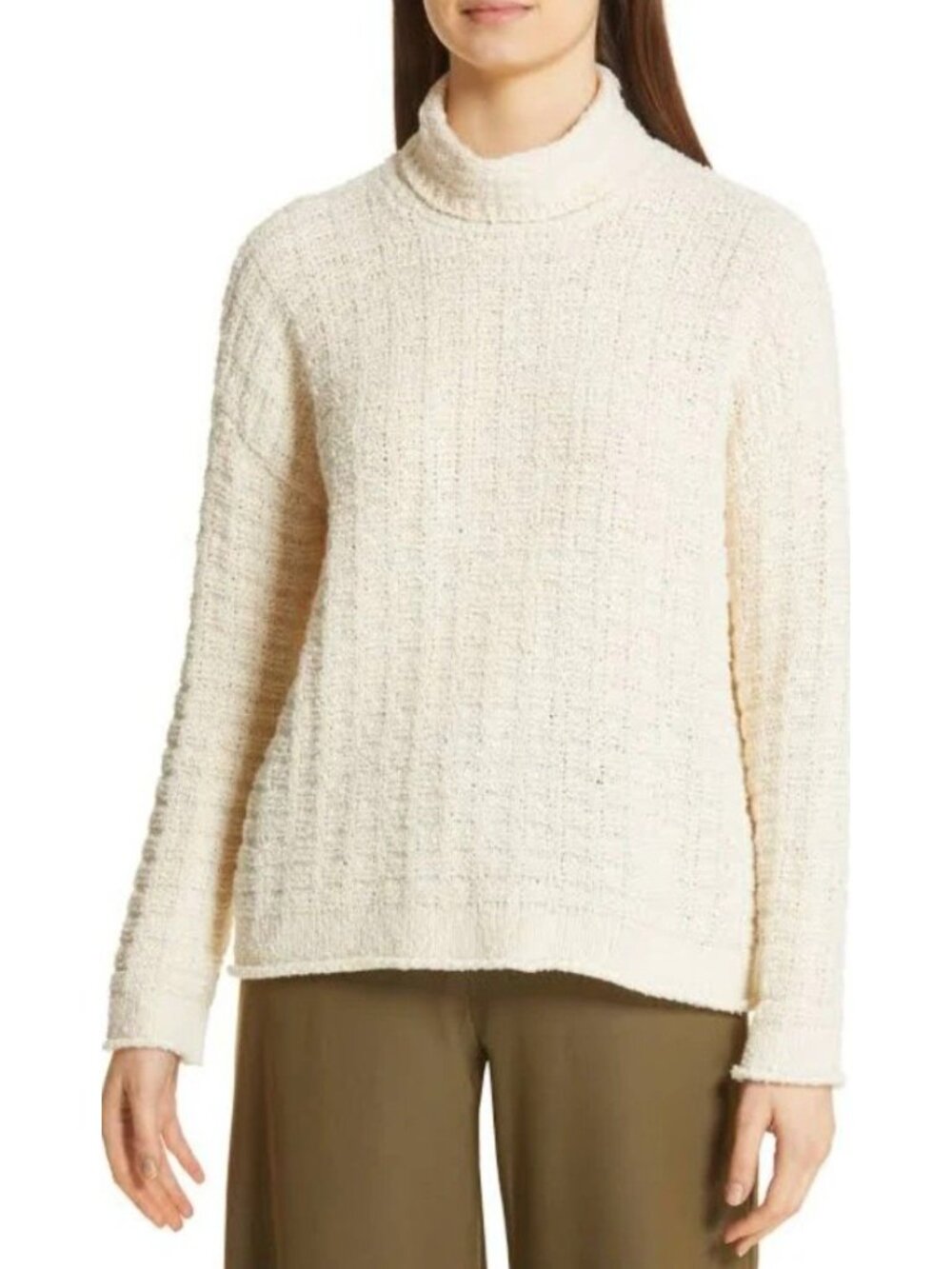 EILEEN FISHER Off White Sz XS Peruvian Organic Cotton Roomy Funnel Neck Sweater